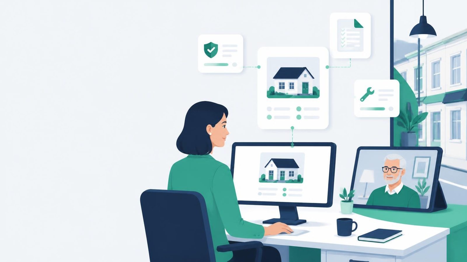Illustrated letting agent at her desk on a video call with a landlord, both working on one shared home record linked to safety, document and repair cards.