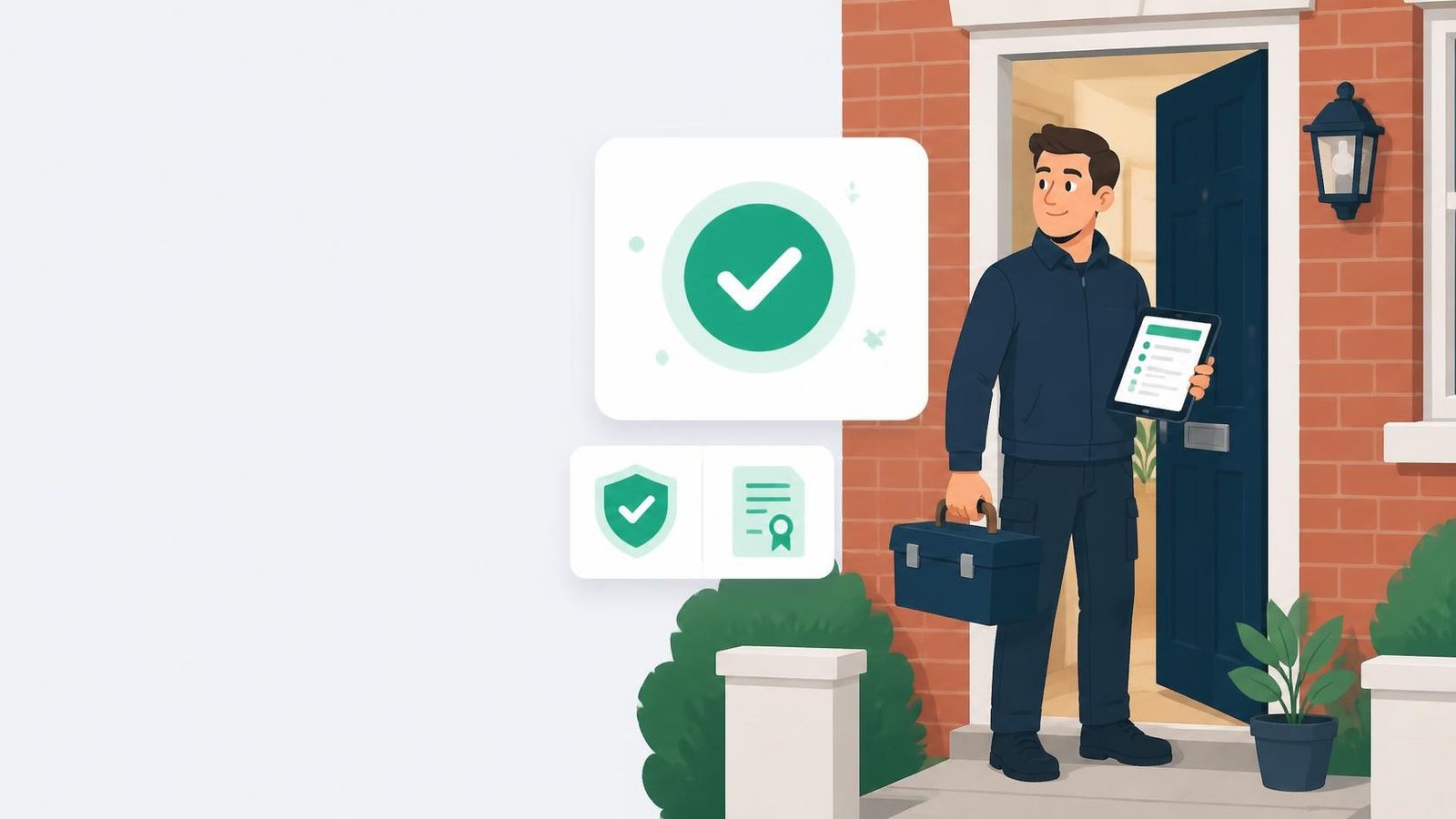 Illustrated tradesperson with a toolbox and tablet at the door of a red-brick house, beside a green tick badge for a checked provider, a shield and a certificate card.