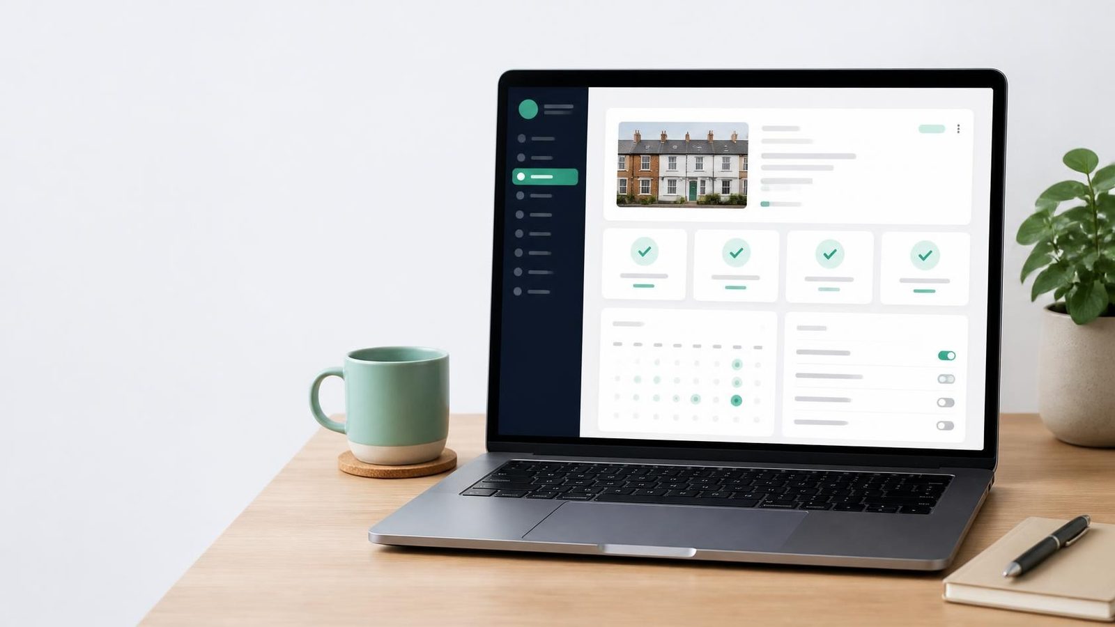Laptop on a desk showing a home record with a house photo, certificate cards with green ticks, a calendar and a task list.